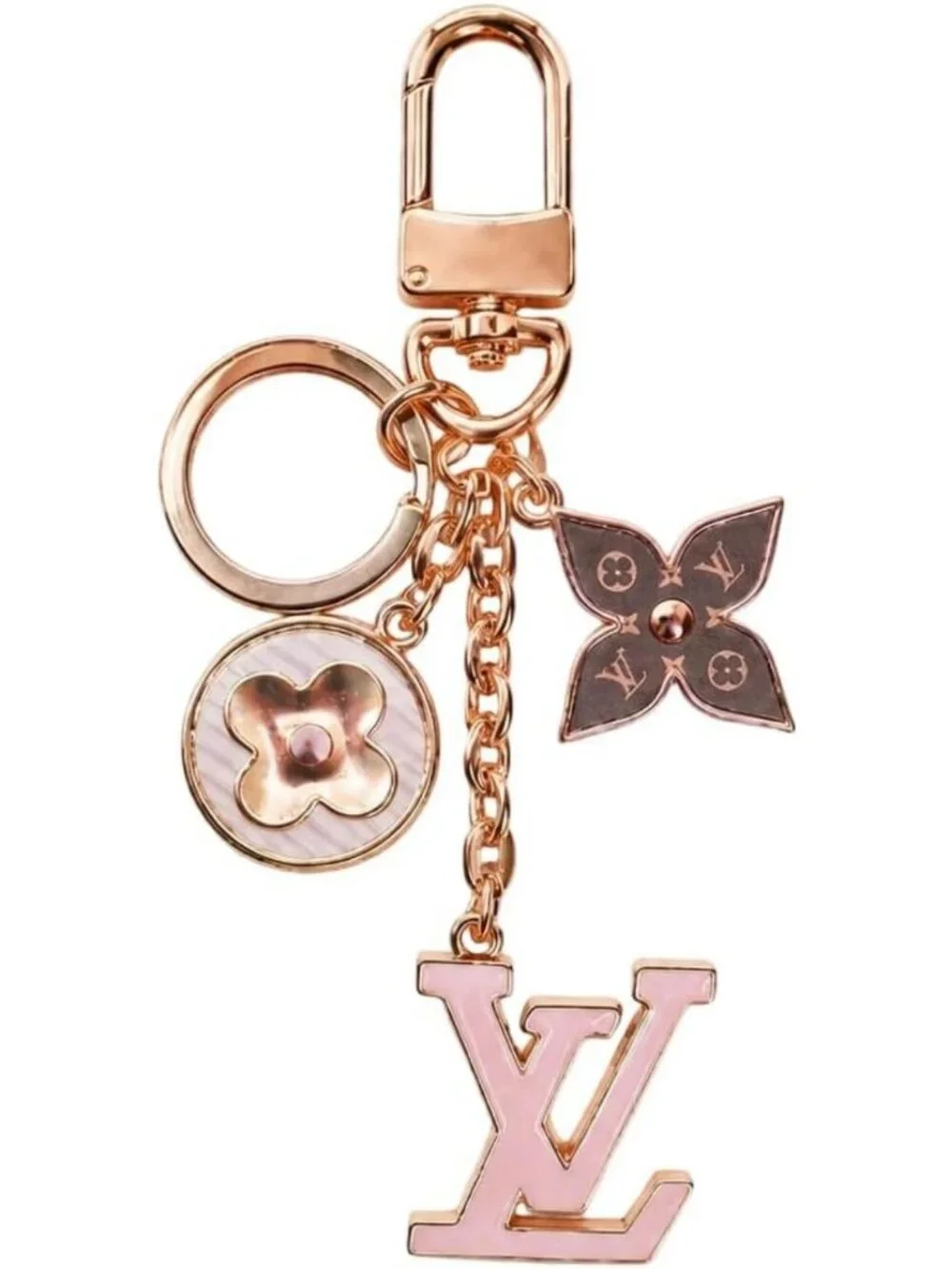 Chic Luxury Bag Accessories & Keychains - Gold Metal, Pink Enamel, Floral Design